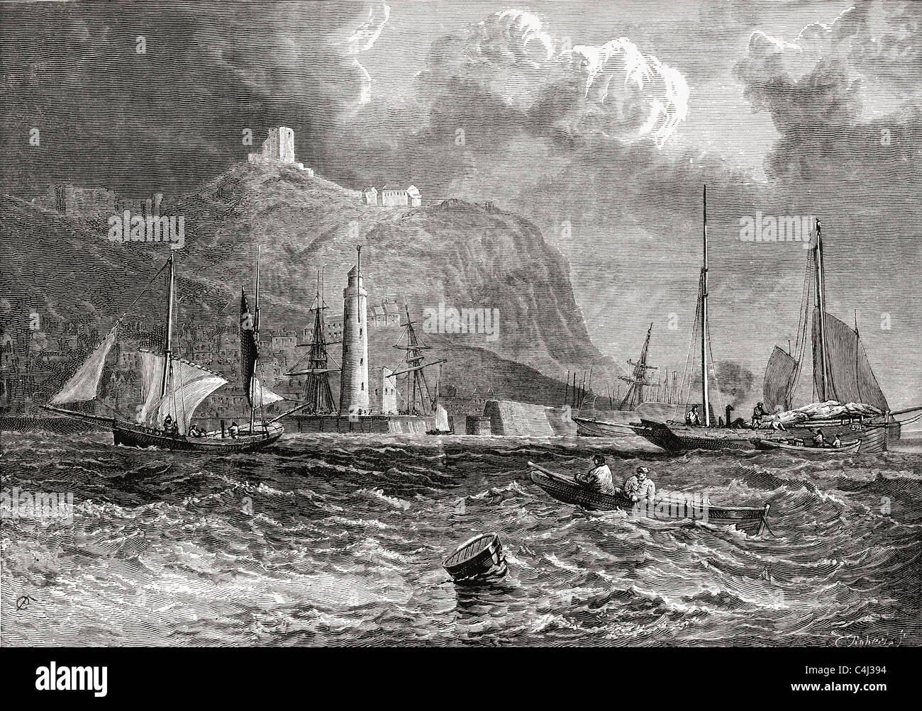 En Scarborough, North Yorkshire, Inglaterra, visto desde el mar a finales del siglo XIX. Foto de stock