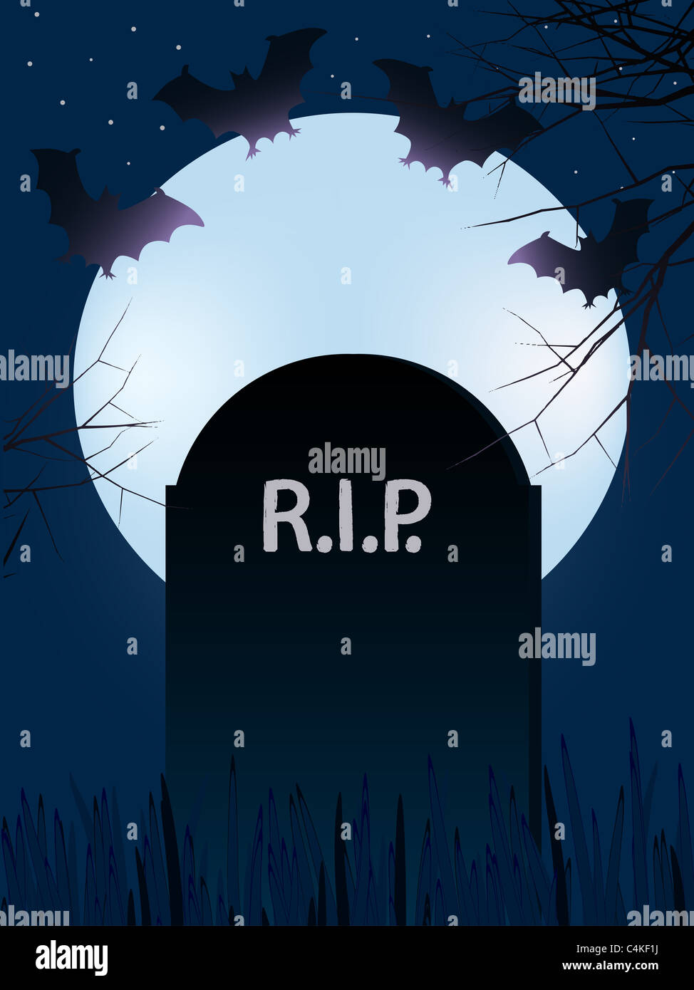 Lápida con "Descanse en paz" con la luna llena y los murciélagos