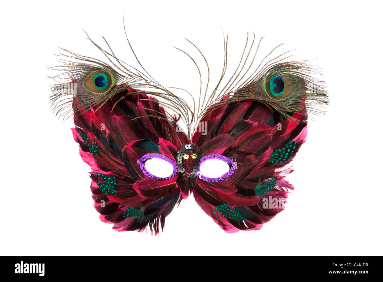 Bola ornamentado veneciano ojo máscara con plumas de pavo real Foto de stock