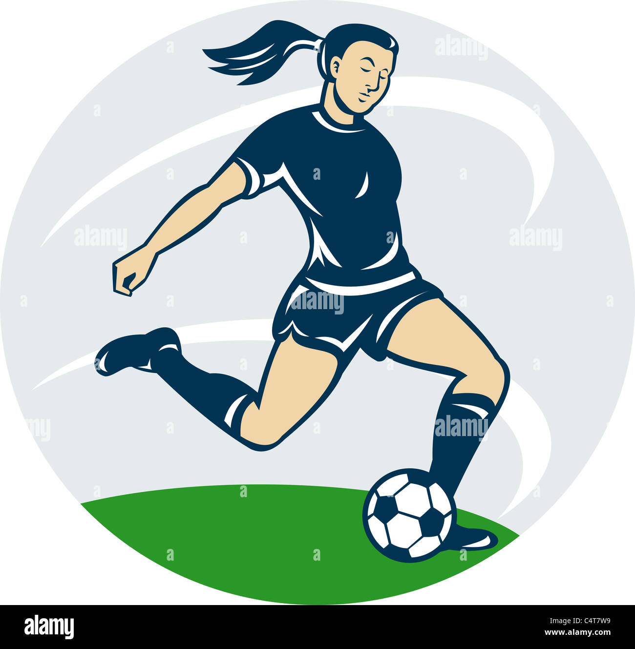 Ilustración de una mujer chica jugando fútbol pateando la pelota estilo de  dibujos animados Fotografía de stock - Alamy