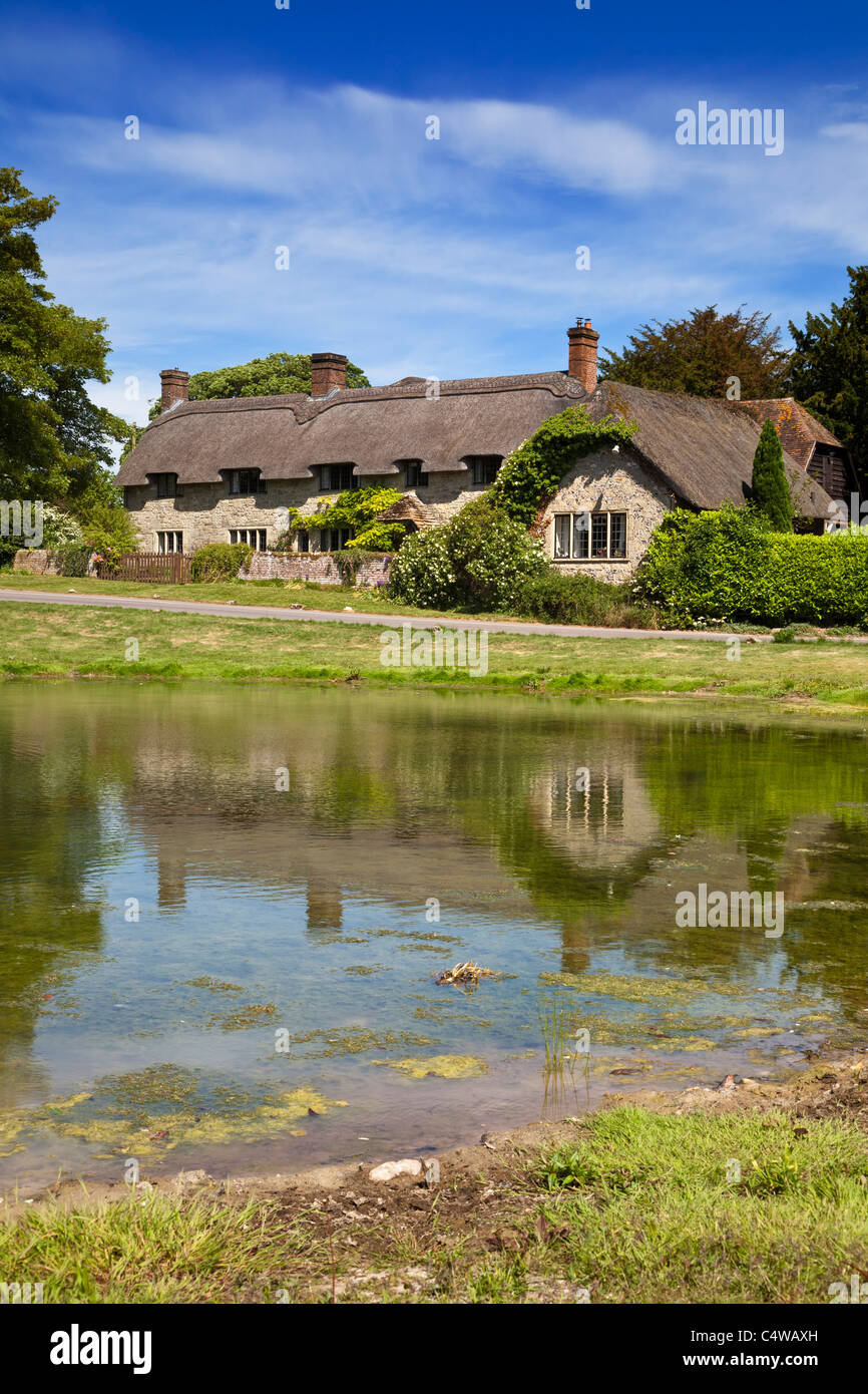 Ashmore estanque y casita con techo de paja, Ashmore, Dorset, Inglaterra, Reino Unido. Foto de stock