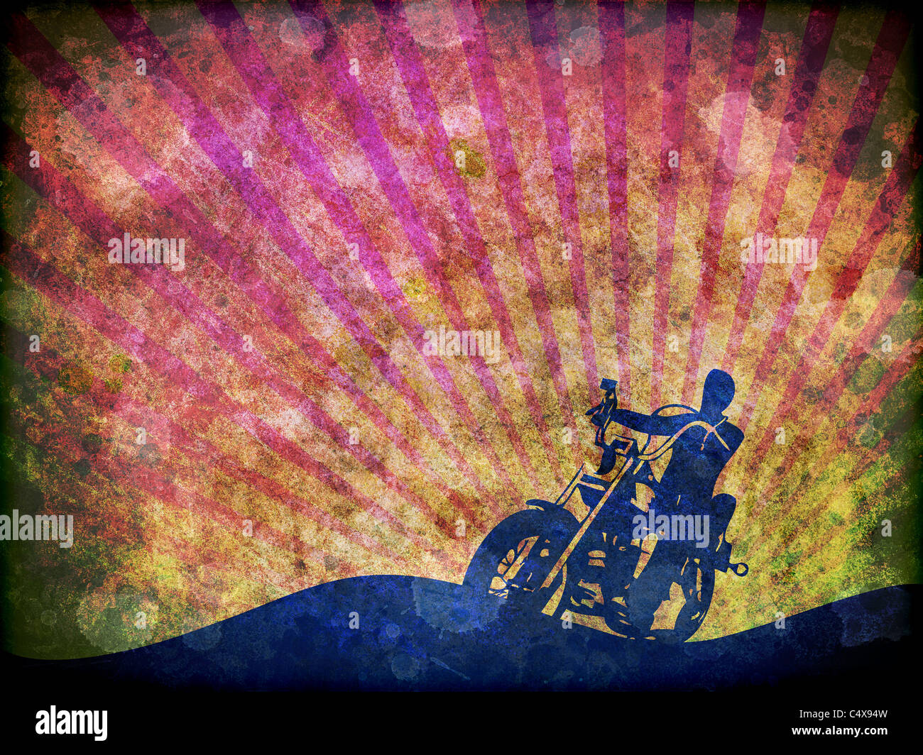 Un estilo grunge ilustración de la silueta de una moto rider. Foto de stock
