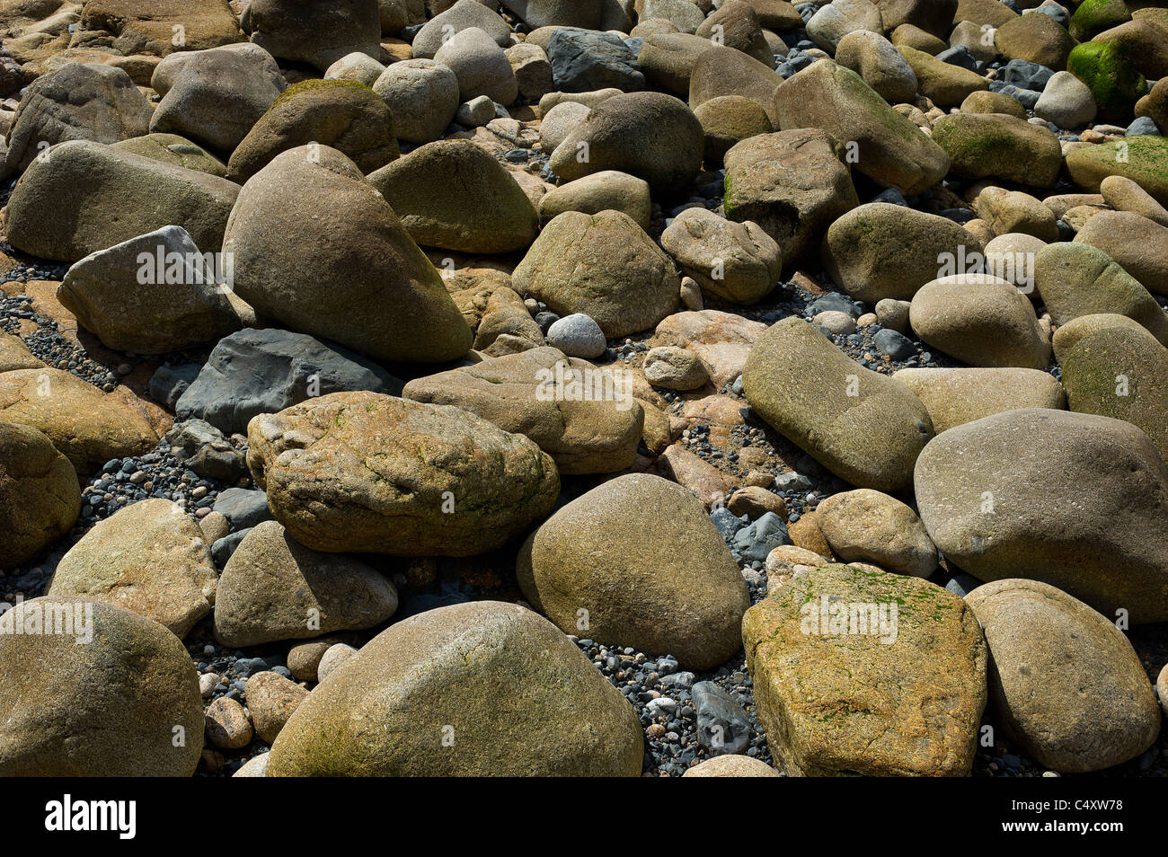 Las rocas expuestas en la marea baja en Sennen en Cornwall. Foto de stock