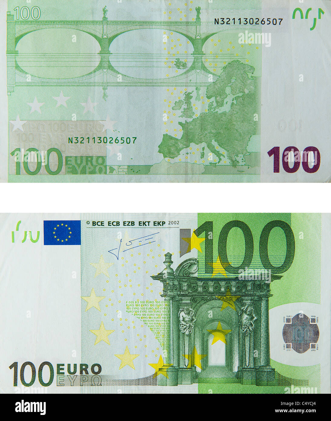100 'cien' Nota euro euros indica bill Foto de stock