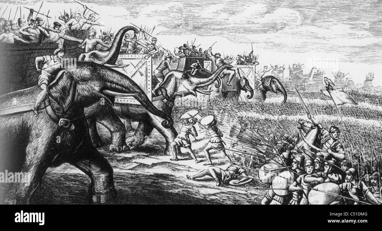 Los elefantes de Hannibal atacando las Legiones Romanas durante las Guerras Púnicas Foto de stock
