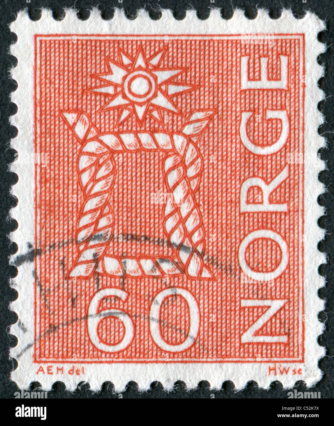 Noruega 1975: un sello impreso en Noruega, muestra Boatswain's nudo. Foto de stock
