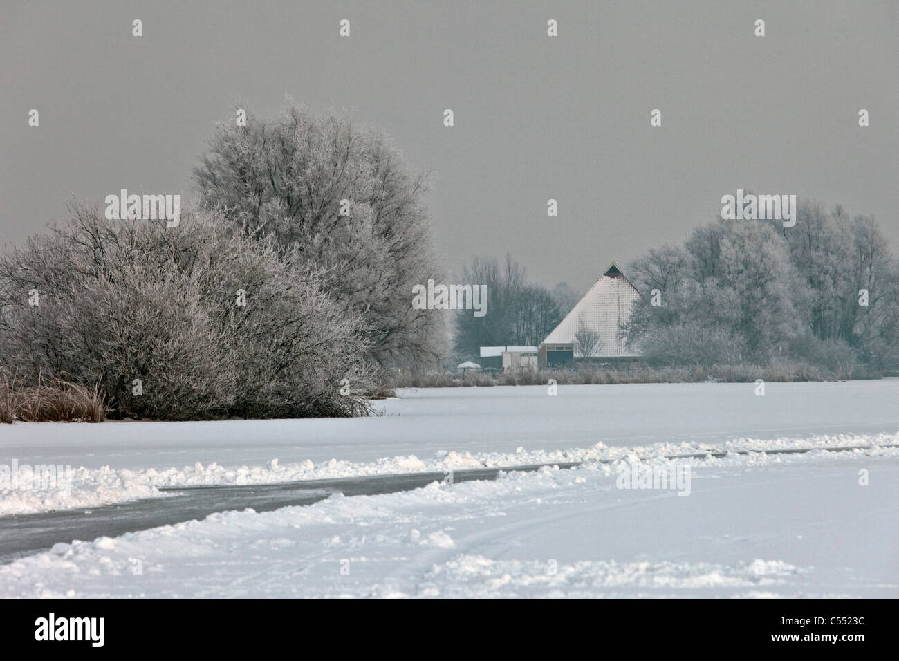 Los Países Bajos, Gaastmeer, cerca de la granja de lago congelado en la escarcha y la nieve paisaje. Foto de stock