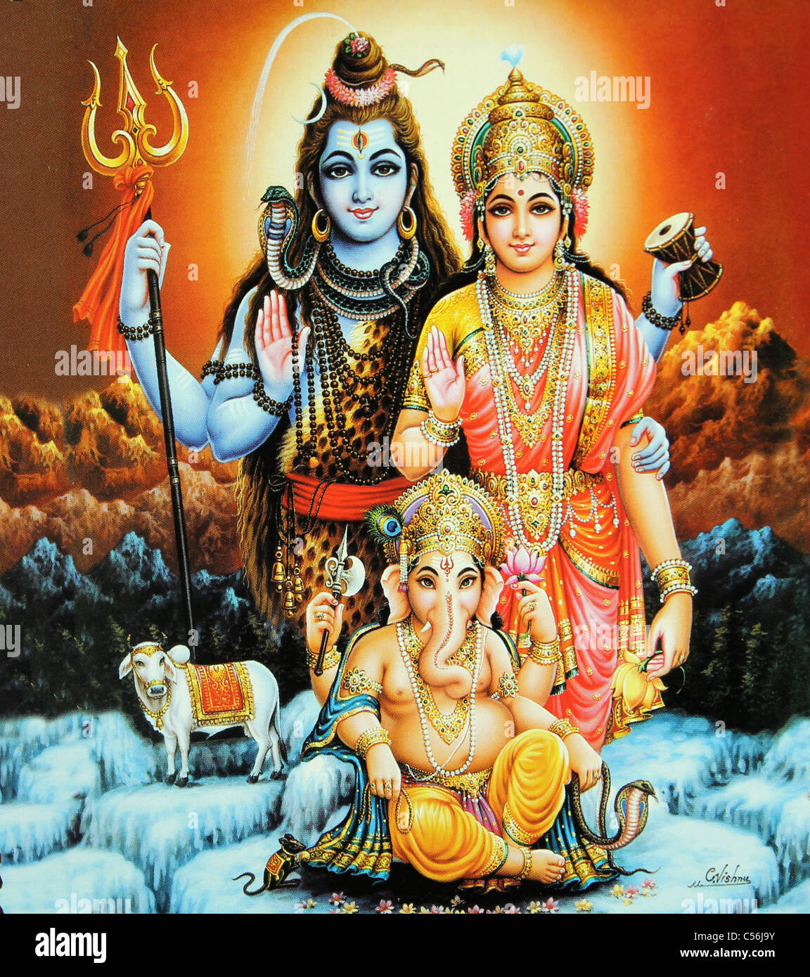 Pintura del dios hindú Shiva y godess parvati con su hijo Ganesha y Shiva Vaca Nandi anmed Foto de stock