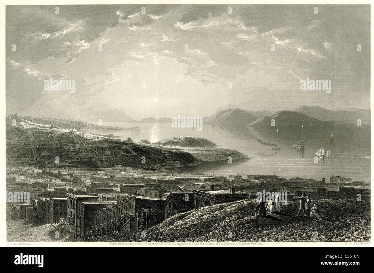 Grabado en 1873, "Golden Gate de Telegraph Hill'. Foto de stock