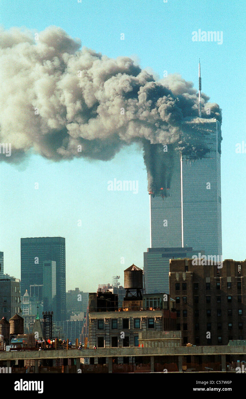 World Trade Center en la Ciudad de Nueva York, un ataque terrorista, 11 de septiembre de 2001. Foto de stock