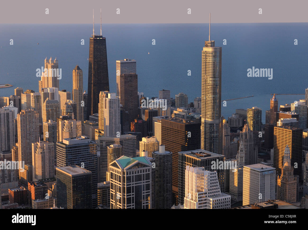 Chicago, desde arriba, desde Willis Tower, Chicago, Illinois, Estados Unidos de América, Estados Unidos, América, los edificios, el lago Michigan, Foto de stock