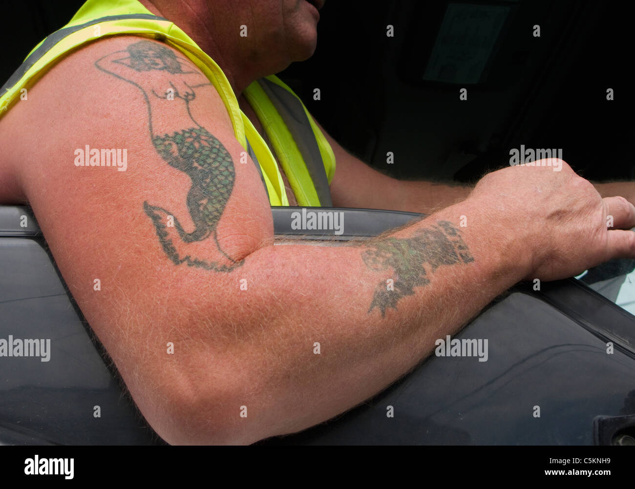 Brazo derecho de un conductor de camión de asomarse a la ventana del  conductor, con dos tatuajes, uno de una sirena Fotografía de stock - Alamy