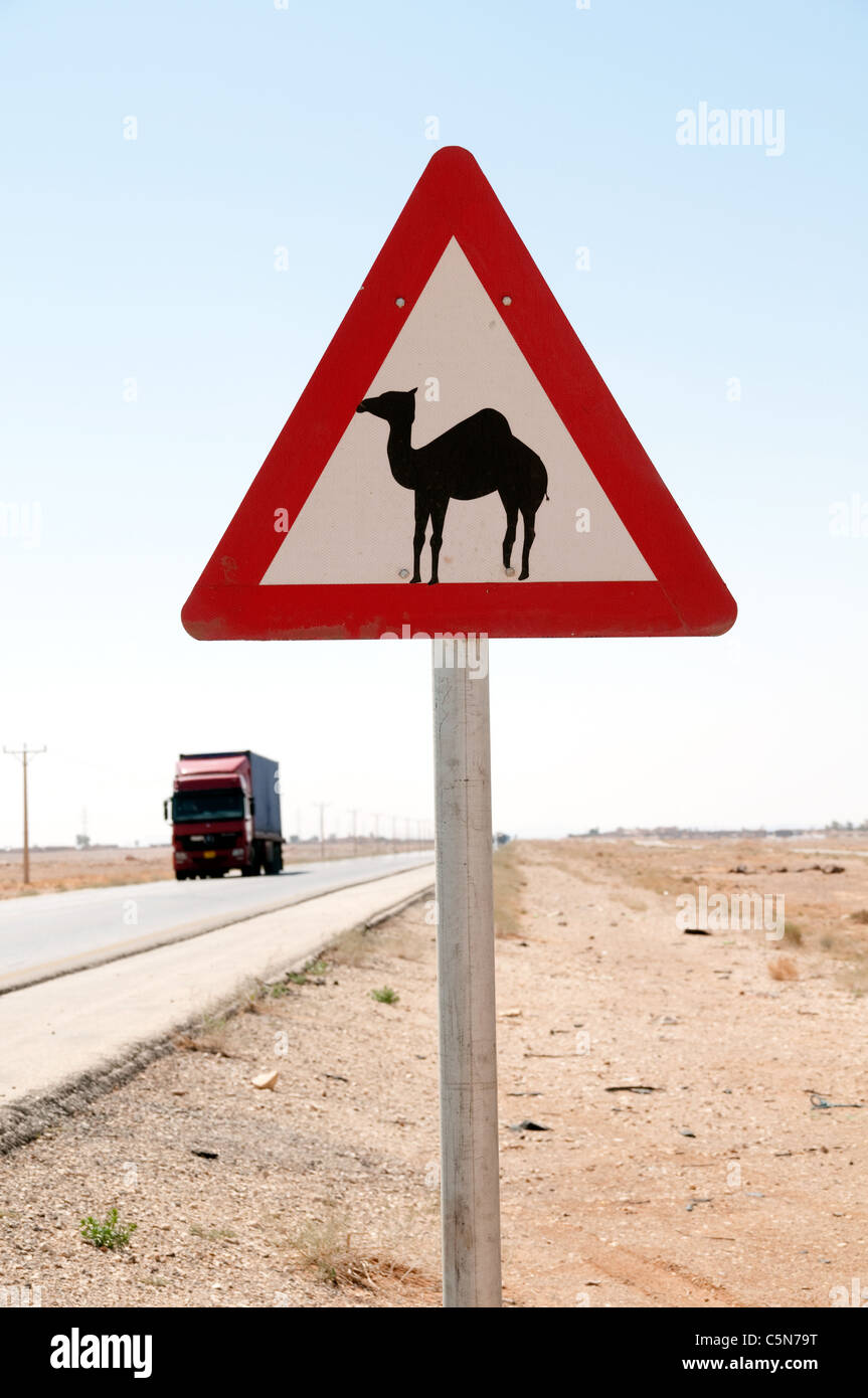 Un cruce de camellos y señal de advertencia en la carretera 40, la carretera del desierto que conecta Ammán y Bagdad, en la región oriental del desierto de Badia en Jordania. Foto de stock