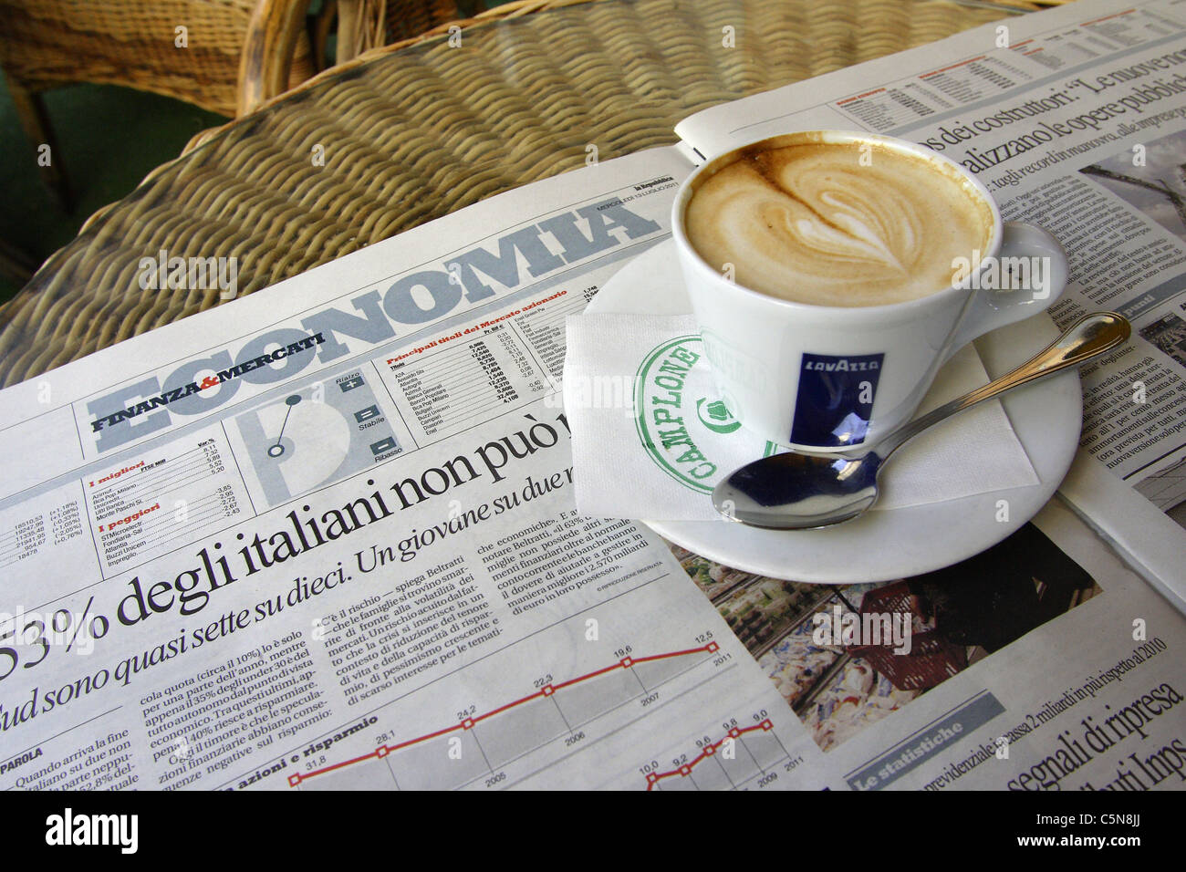 Un capuchino y un ejemplar del diario La Repubblica abre a la economía páginas en una cafetería en Italia Foto de stock