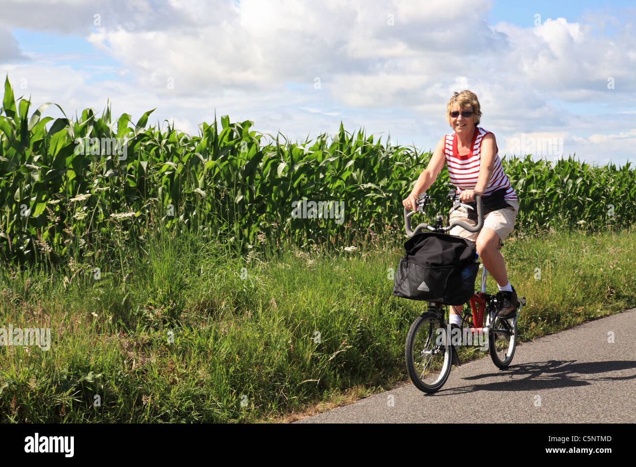 Una mujer de mediana edad montando una bicicleta plegable Brompton cerca de  Les Loges, Normandía, Francia Fotografía de stock - Alamy