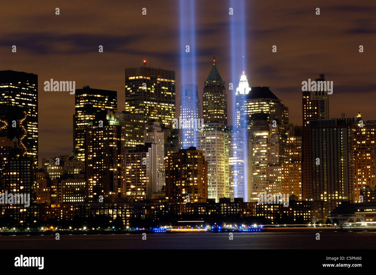 El 'Tributo a la luz' memorial en recuerdo de los sucesos del 11 de septiembre, 2001. Foto de stock
