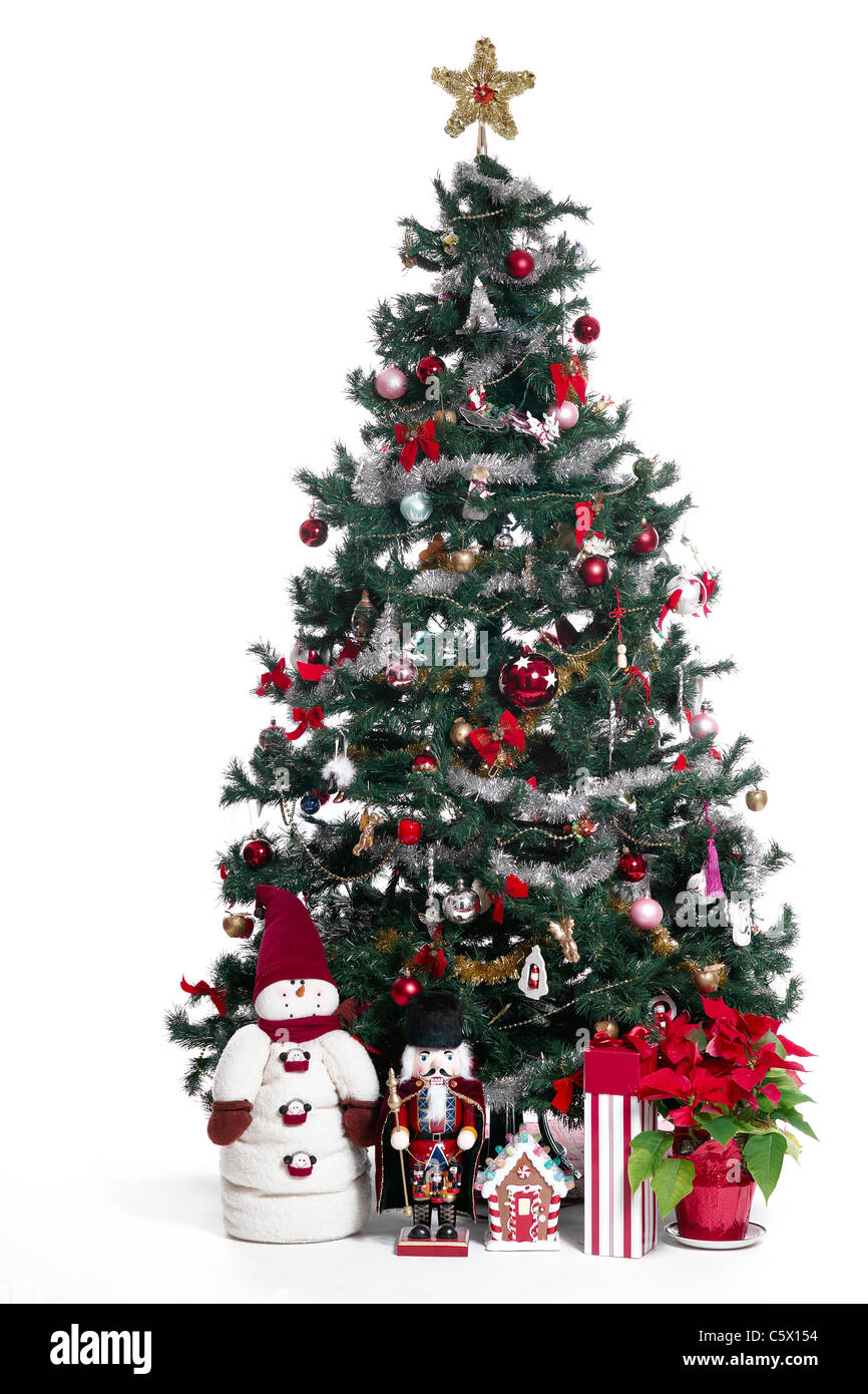 Árbol Cristmas, muñeco de nieve y regalos imagen sobre fondo blanco. Foto de stock