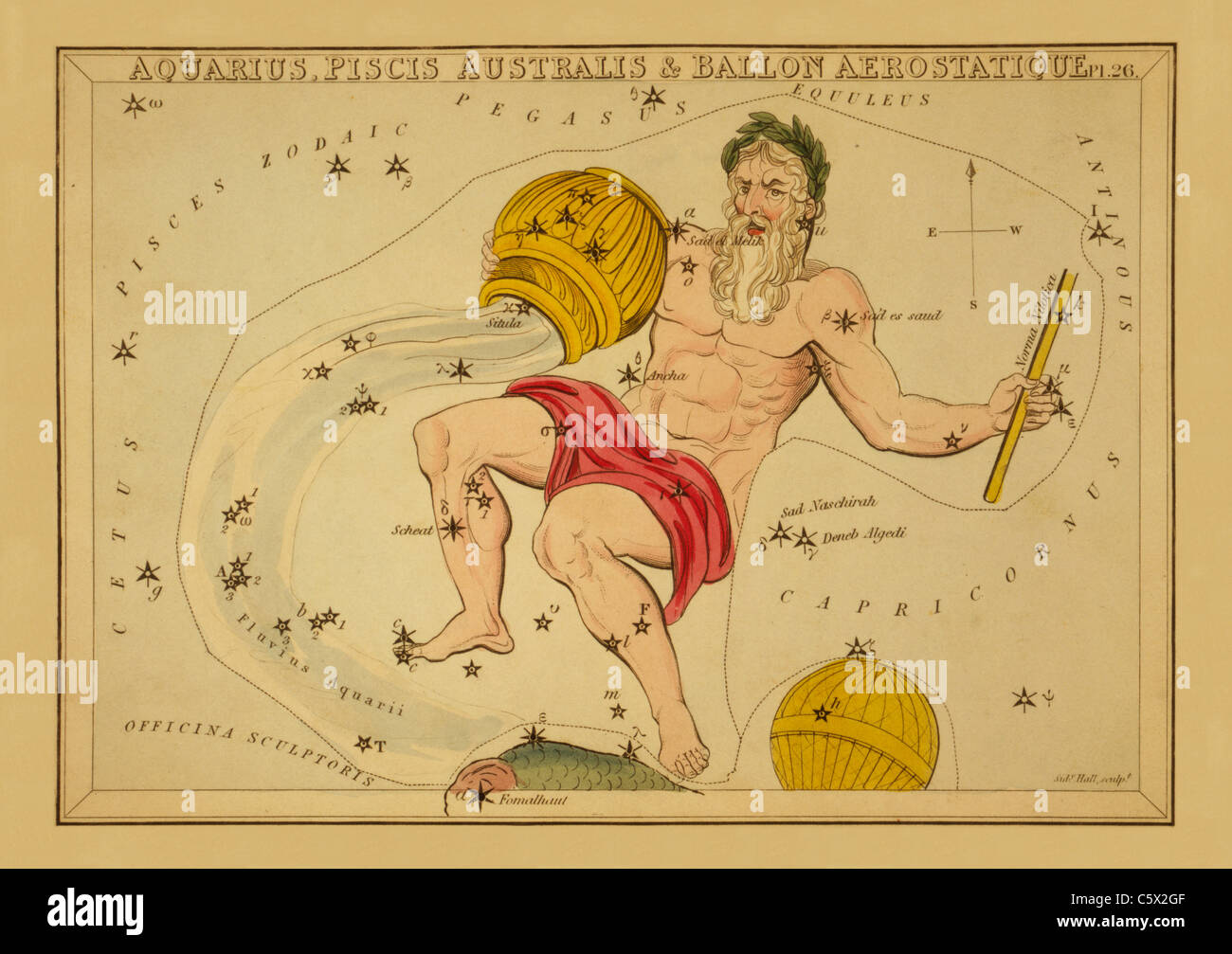 Acuario, Piscis Australis & Ballon Aerostatique - 1825 Gráfico astronómicos Foto de stock