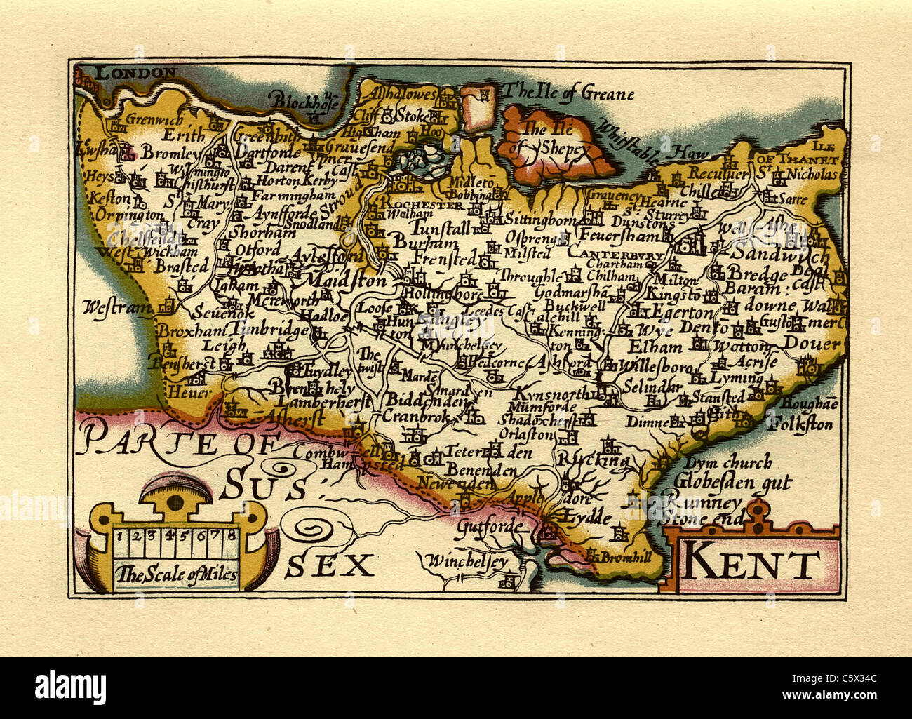 Kent - antiguo condado inglés Mapa por John Velocidad, circa 1625 Foto de stock