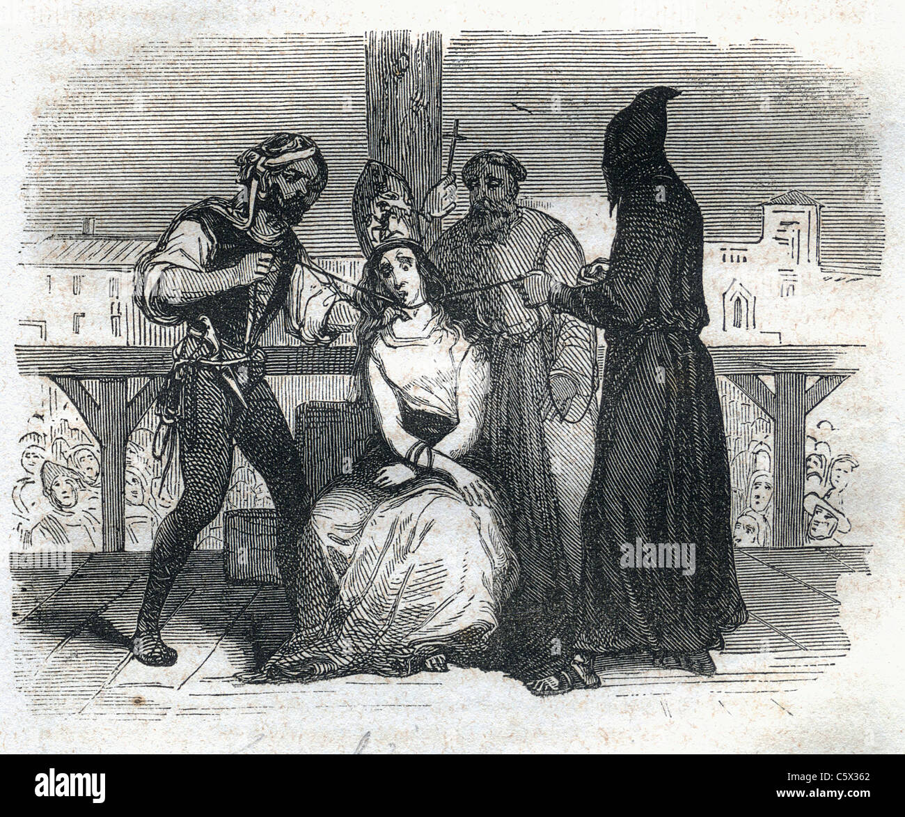 Garrot: Xilografía imagen de anticuario de libro, misterios de la Inquisición, 1845 Foto de stock