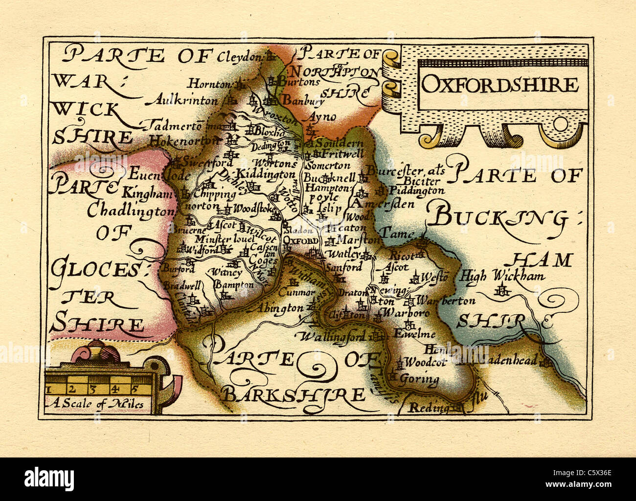 Oxfordshire antiguo condado inglés Mapa por John Velocidad, circa