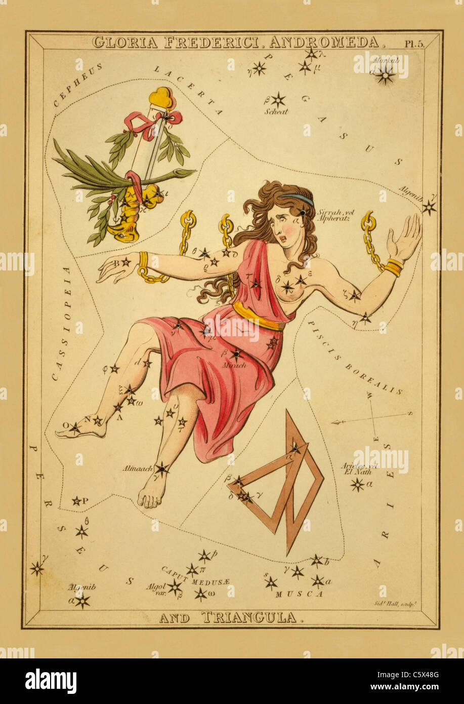 Gloria Frederici, Andrómeda y Triangula - 1825 Gráfico astronómicos Foto de stock