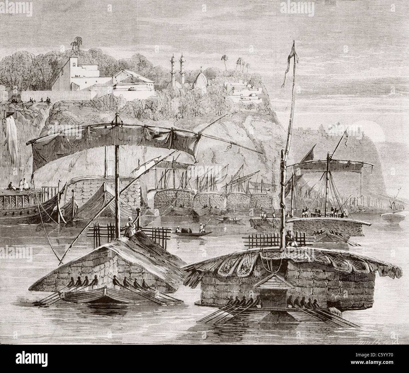 Convoy de barcos cargados con cargas de algodón descender el río Ganges, India, en el año 1860. Foto de stock
