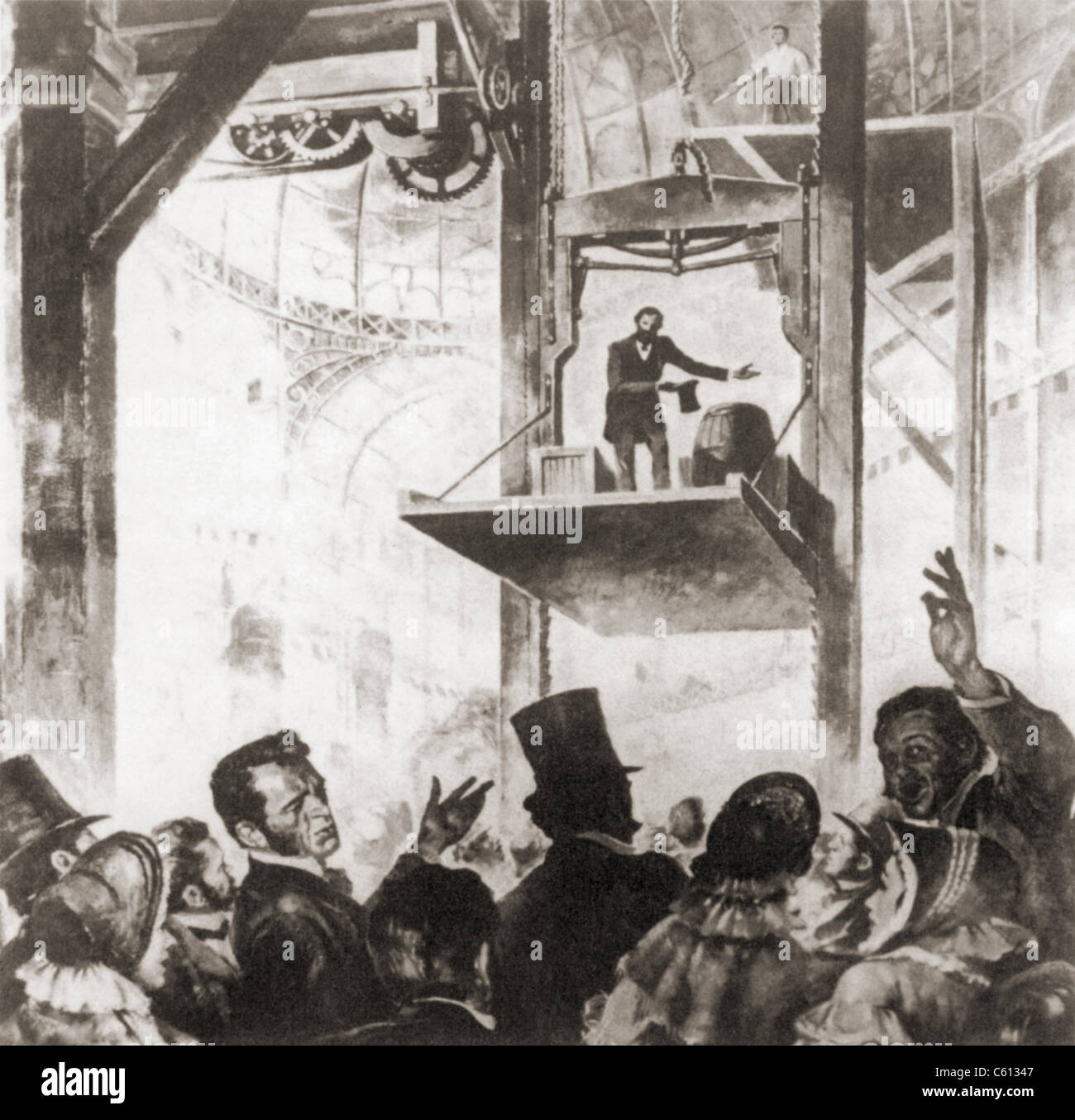 Elisha Graves Otis (1811-1861), demostrando su patente de elevación de seguridad en el 1854 la Feria Mundial de Nueva York. Encima del ascensor, un hombre corte el ascensor sólo apoyar la cuerda con un hacha, pero el ascensor no cayó más de unos pocos centímetros, porque la invención de Otis, un ascensor freno. Foto de stock