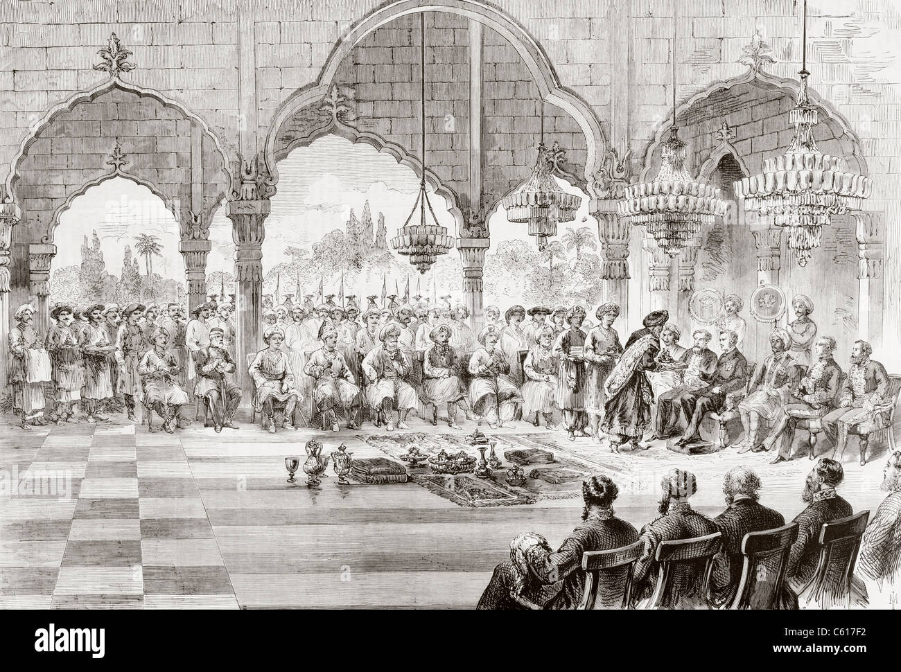 Recepción por el Gobernador General de la India por el Rajá de Lucknow en 1868. Foto de stock