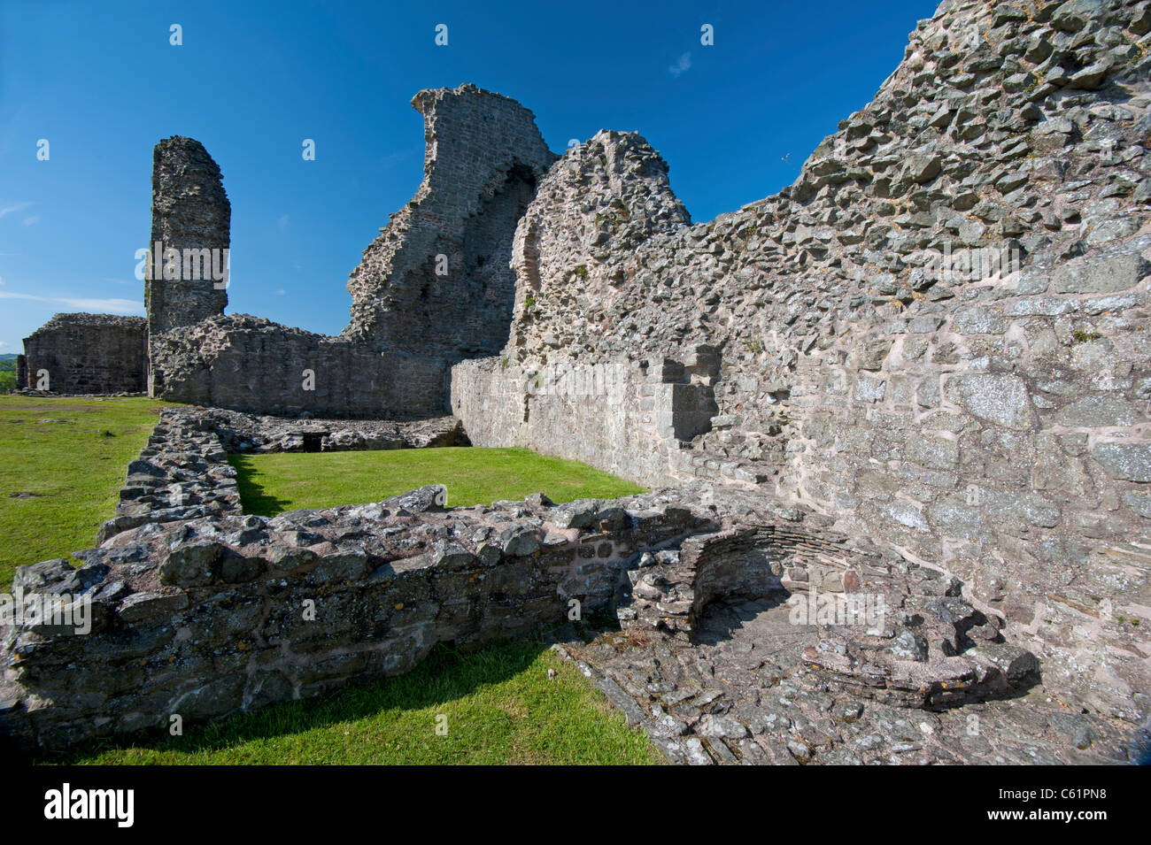 Las ruinas del castillo de Montgomery del siglo XIII, la Colina del Castillo, Powys, Gales, Reino Unido. Ocs 7623 Foto de stock
