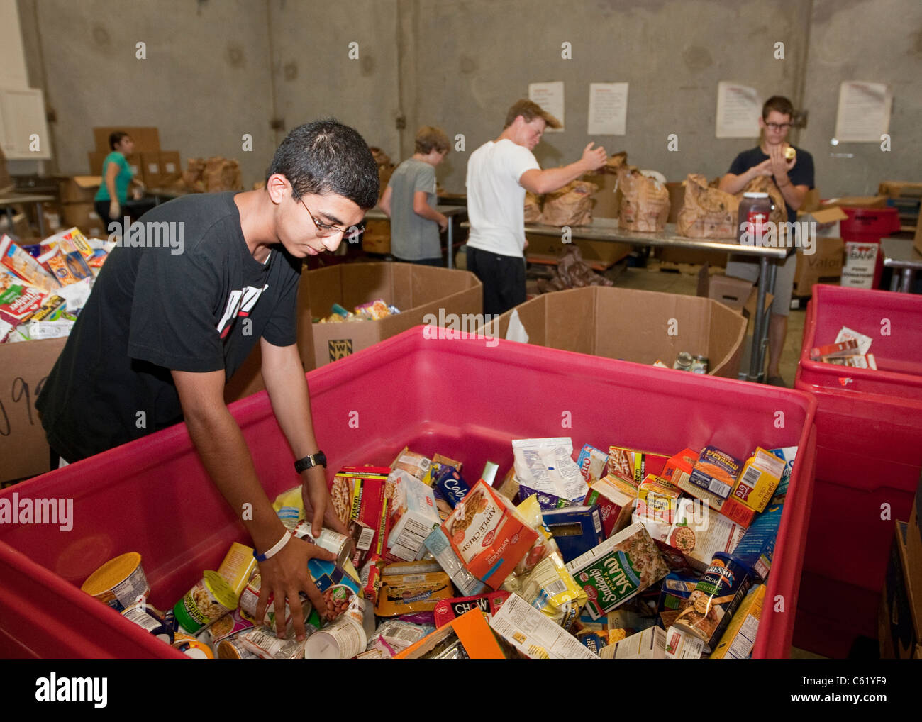 Voluntarios adolescentes ordenar las latas de comida en el almacén del Banco de Comida de San Antonio en San Antonio, Texas. Foto de stock