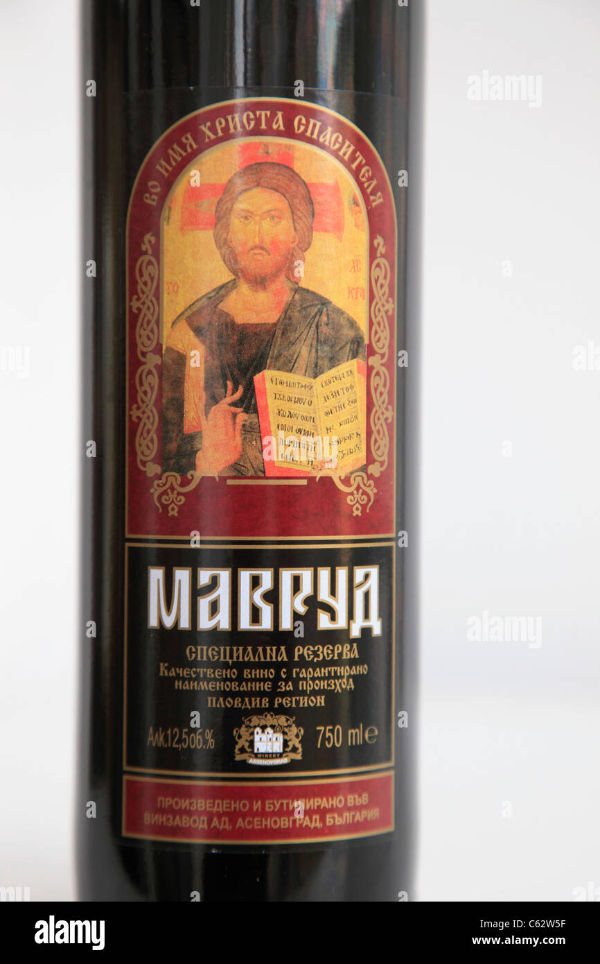 Bulgaria, el Mavrud, botella de vino tinto, etiqueta Foto de stock