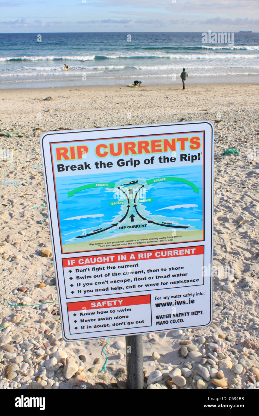 Señal de advertencia actual rip en la playa en quilla, Achill Island, Irlanda Foto de stock