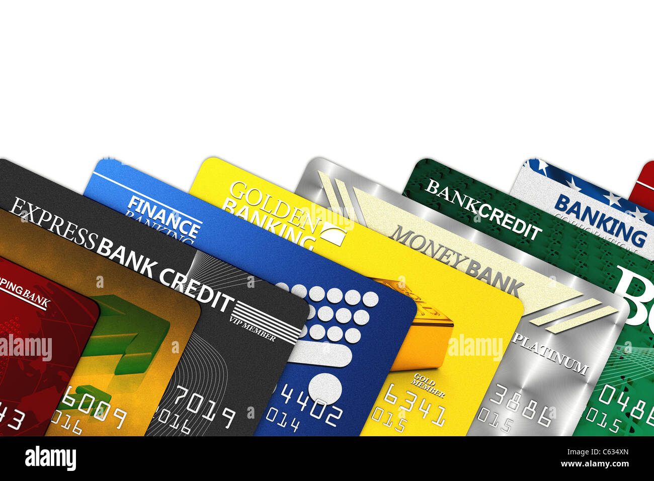 Tarjetas de crédito falsas sobre blanco con trazado de recorte