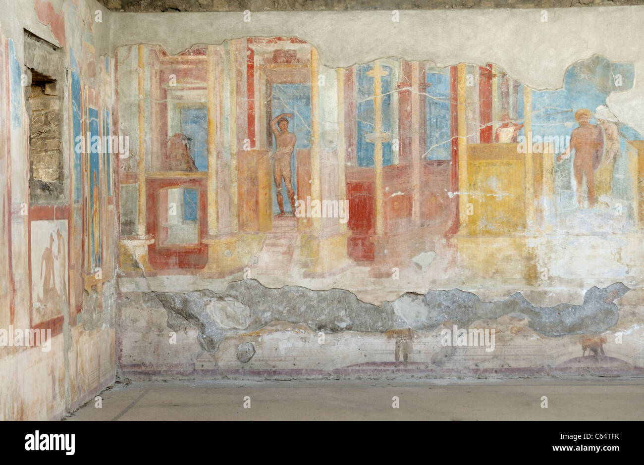 Tercer estilo frescos, la pared de la habitación en una casa convertida en un gimnasio, Pompeya. Foto de stock
