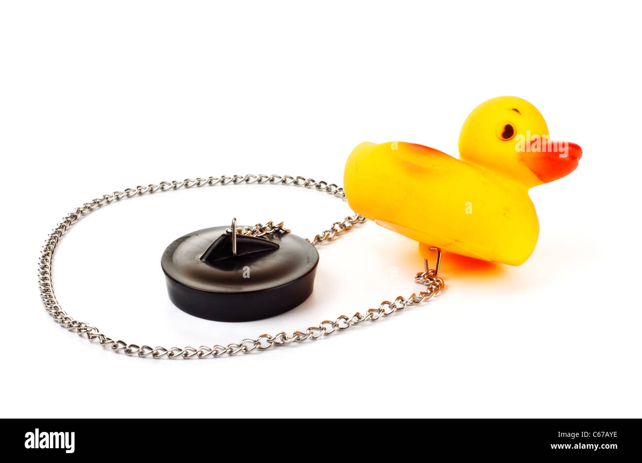 Pato de juguete con tapón para la bañera con cadena aislado en blanco  Fotografía de stock - Alamy