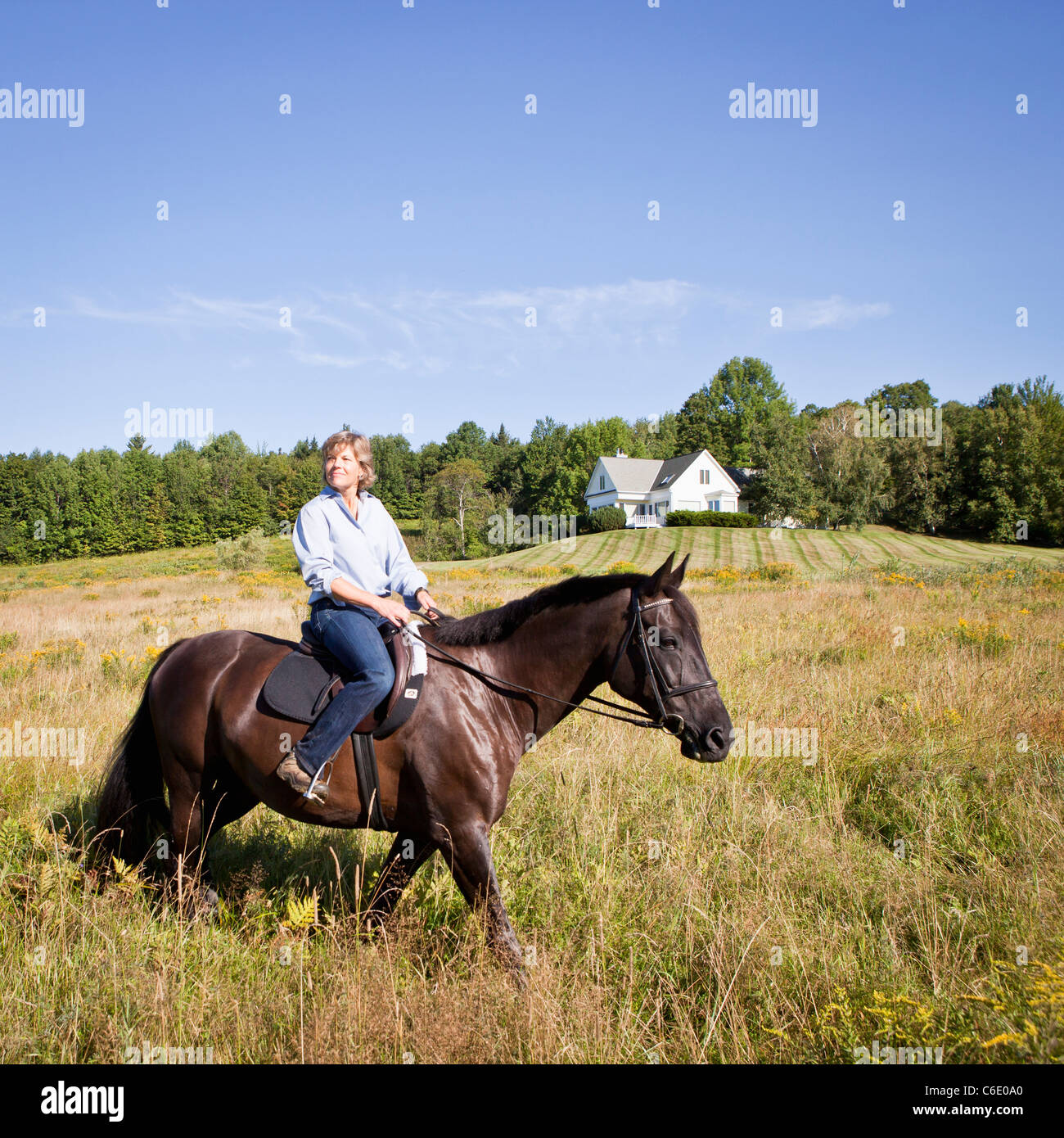Mujer caucásica en caballo en el campo Foto de stock