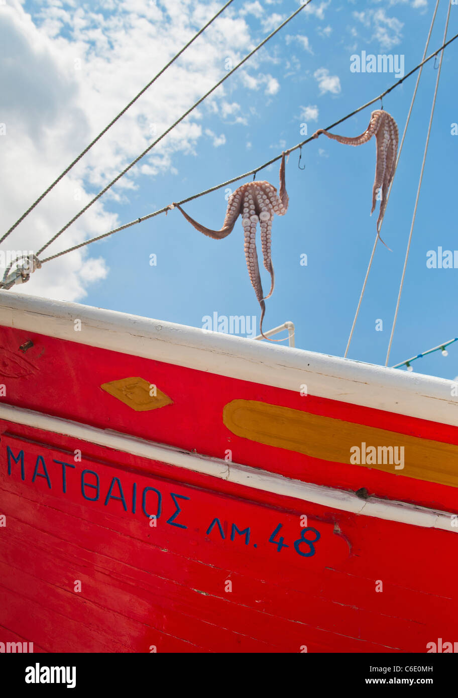 En Grecia, en las islas Cícladas, Mykonos, el secado al sol pulpos en barco de pesca Foto de stock