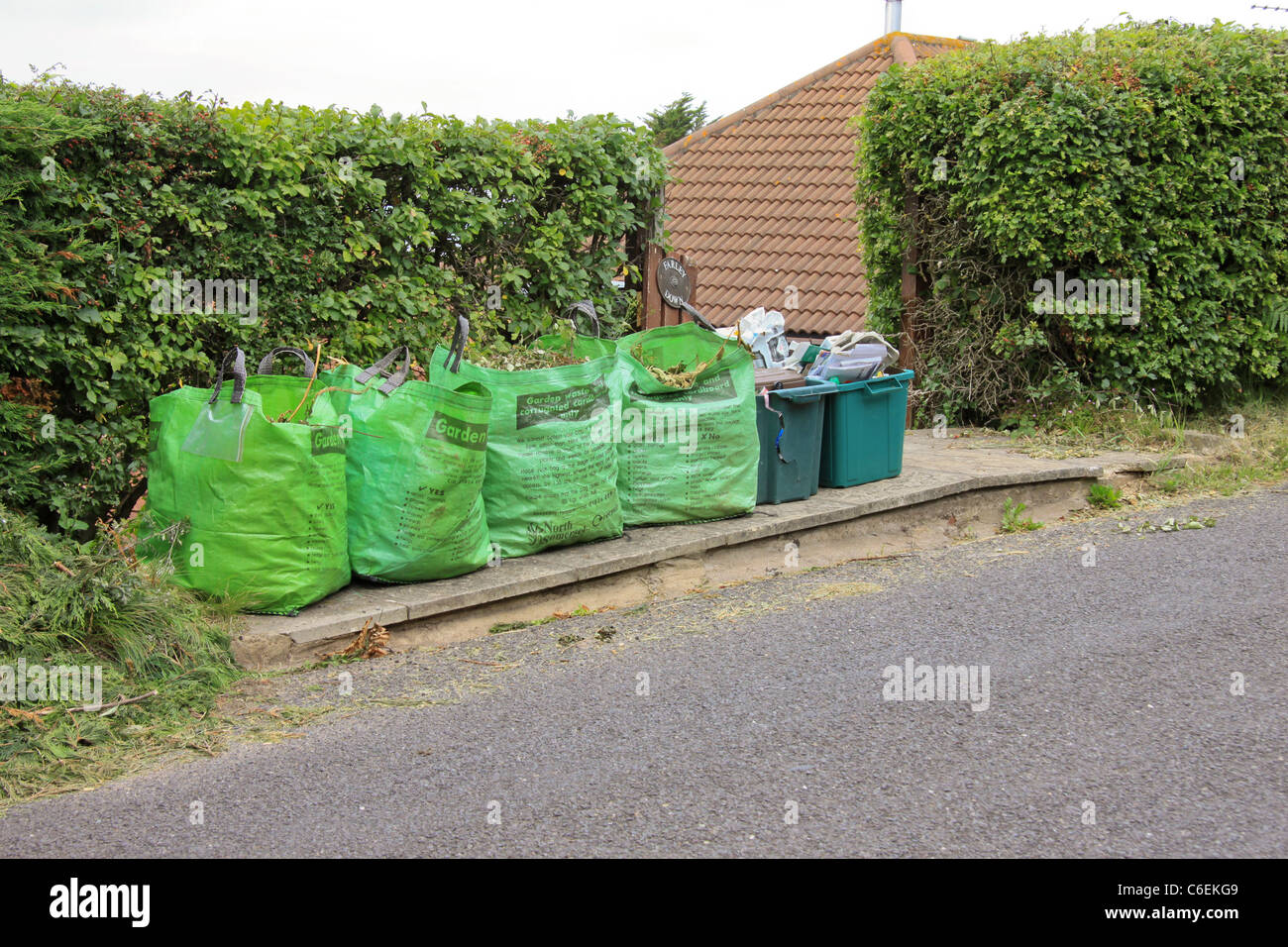 Bolsas para residuos de jardín verde y cajas de reciclaje esperando  colección Fotografía de stock - Alamy