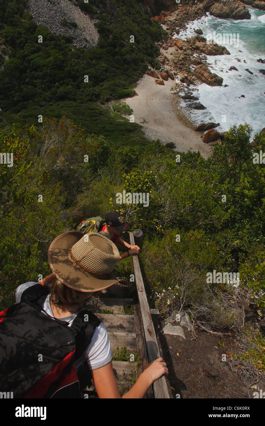Excursionistas en la escalera de madera bajar una colina empinada hacia el mar Foto de stock