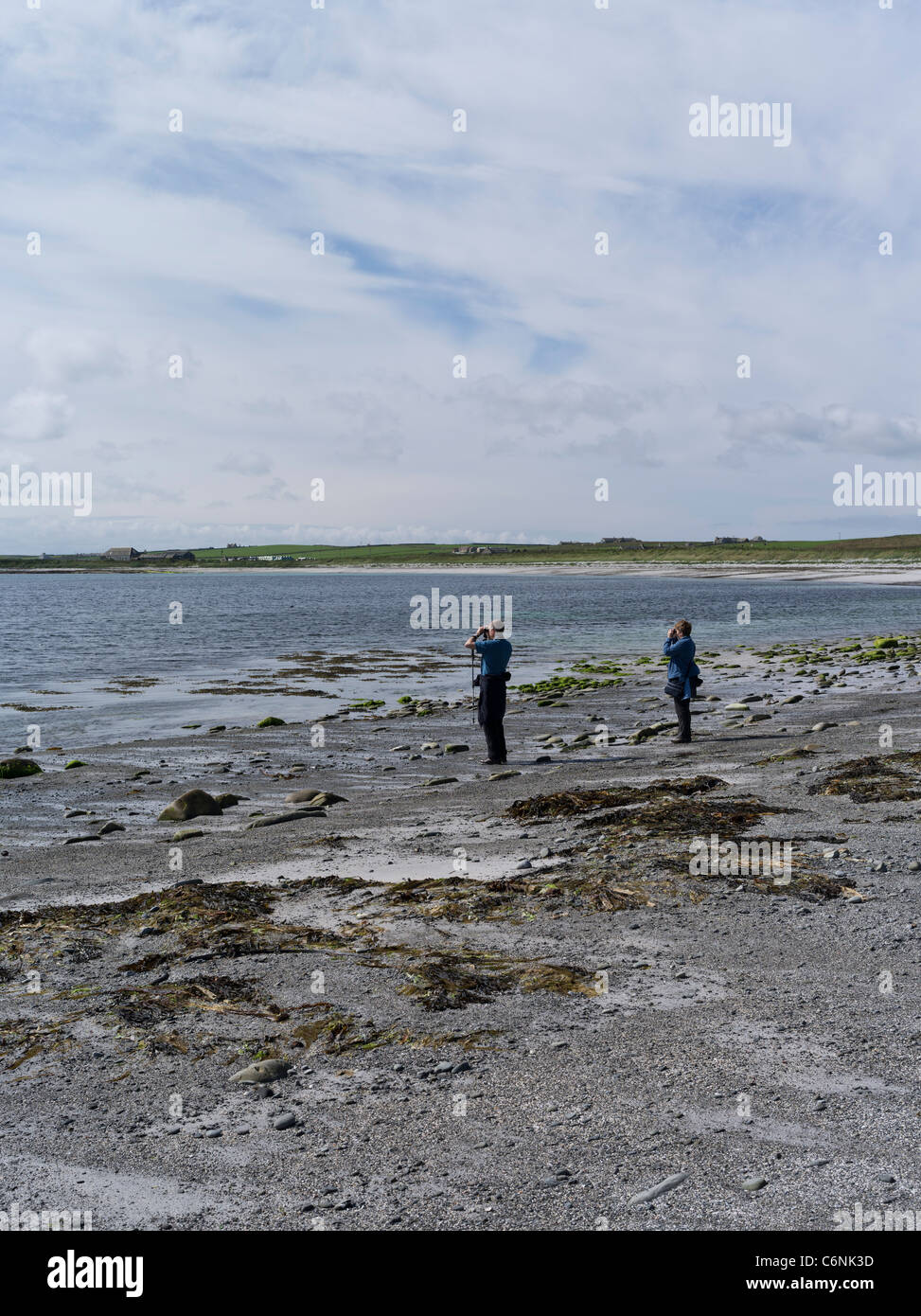 dh PAPA WESTRAY ORKNEY dos observadores de aves observando con binoculares a la orilla del mar observadores de aves de playa escocia observadores de costa gente avistaje de aves islas Foto de stock
