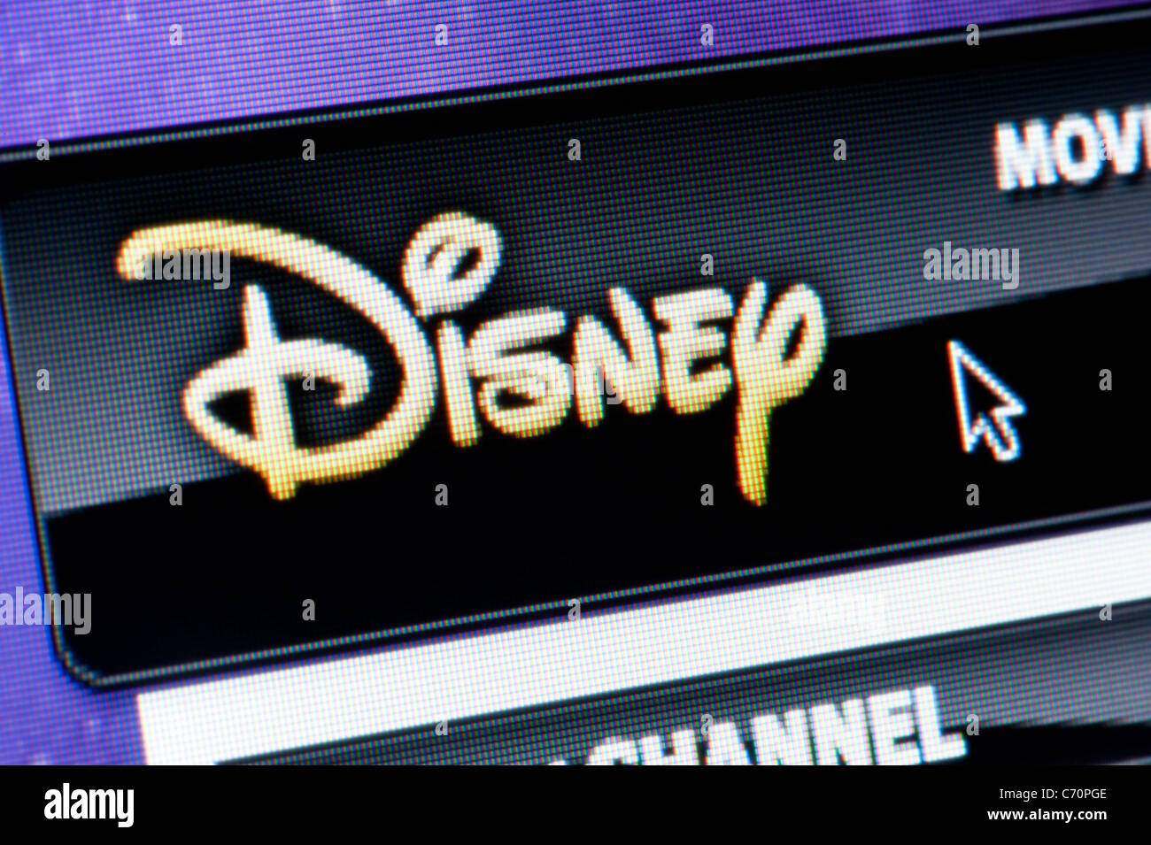 Cerca del logotipo de Disney tal como se ve en su sitio web. (Sólo para uso editorial: -print, televisión, e-book editorial y sitio web). Foto de stock