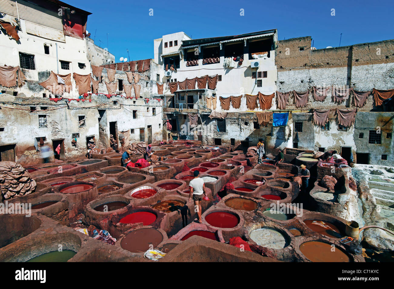 Curtiduría Chouwara tradicional en el casco antiguo de Fez, tinas de cuero curtido y teñido de pieles y cueros, Fez, Marruecos, Norte de África Foto de stock