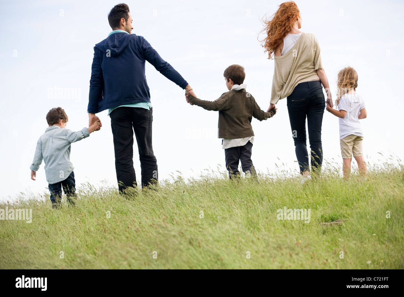 Familia caminando de la mano en el campo, vista trasera Foto de stock