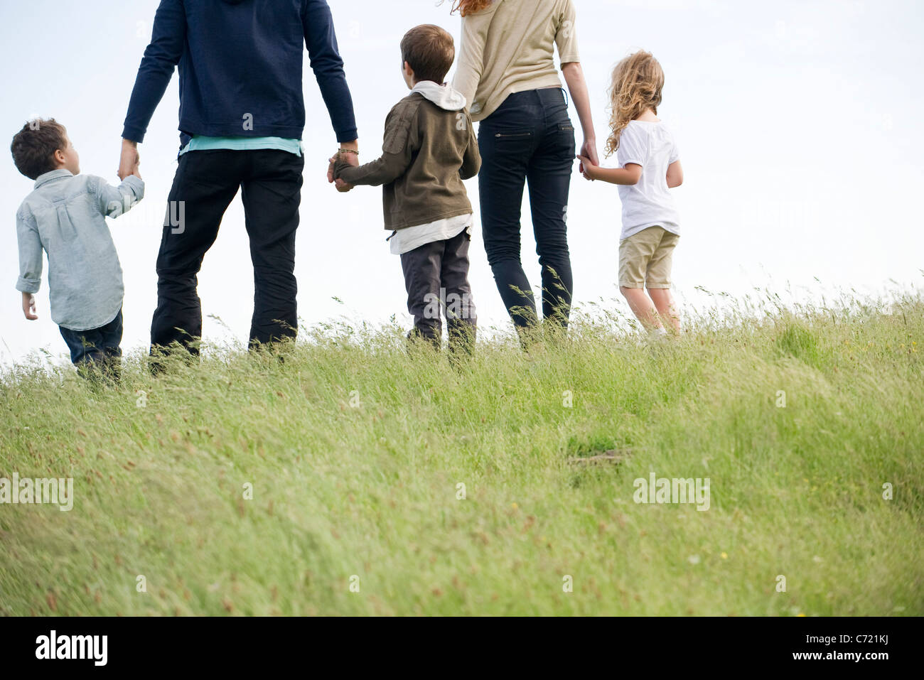 Caminar juntos en el campo de la familia, vista trasera Foto de stock