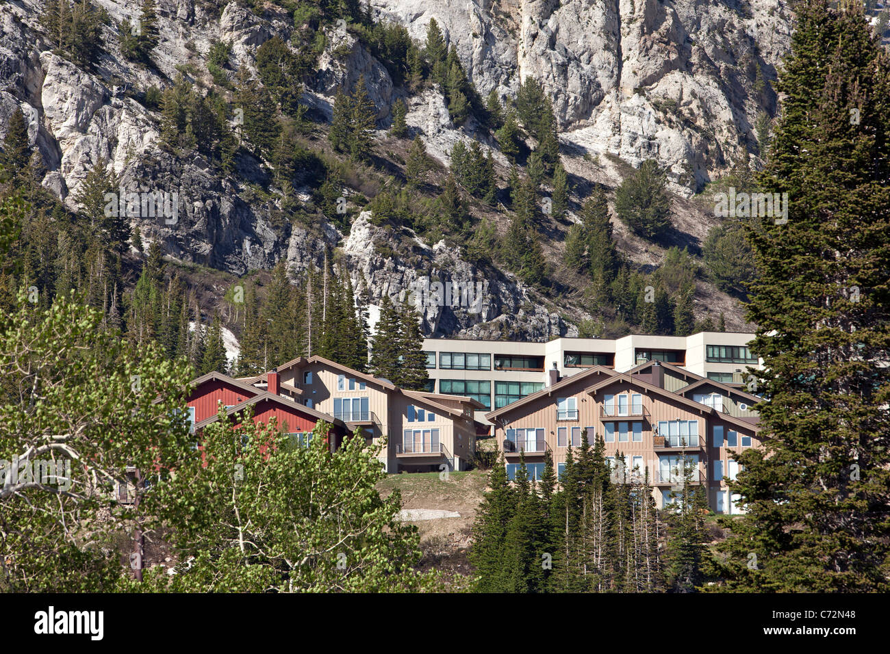 La multipropiedad y hotel y resort en las altas montañas Wasatch Mountain Valley de Alta y Snowbird Utah. Don Despain de reavivar la foto. Foto de stock