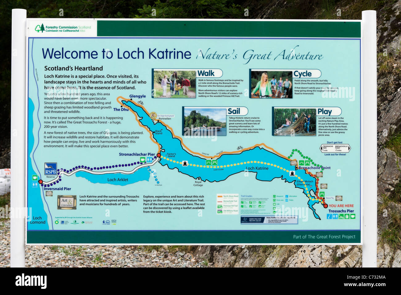 Information board por Loch Katrine en los Trossachs National Park, Stirling, Escocia, Reino Unido Foto de stock