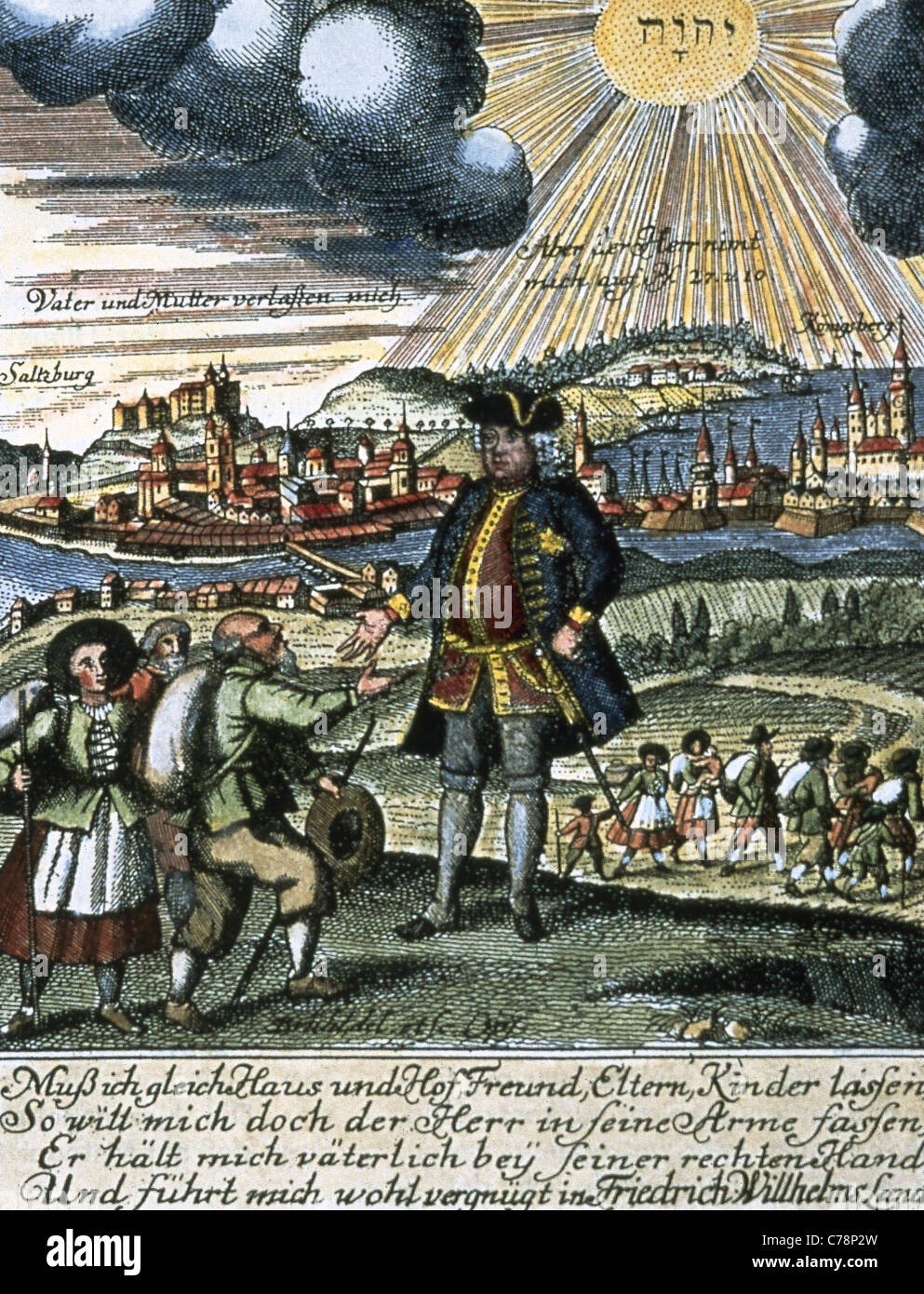Federico Guillermo I de Prusia (1688-1740). El Rey como patrón protector de los protestantes de Salzburgo. Foto de stock