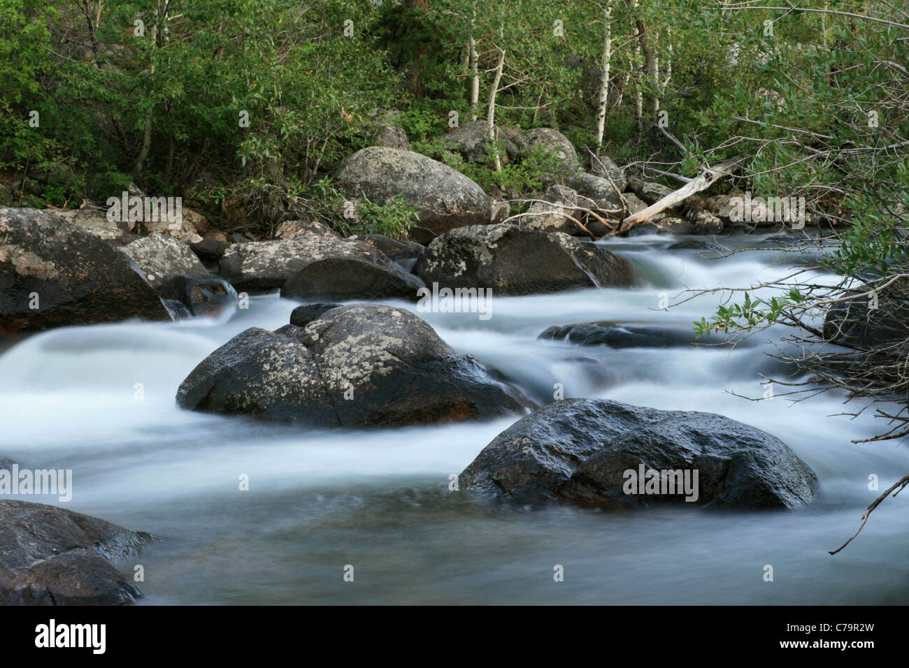 La larga exposición de una corriente suave con pequeñas cascadas y rápidos Foto de stock