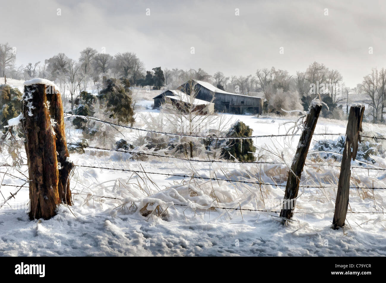 Ilustración de la granja del Medio Oeste cubierto de nieve y hielo después de la tormenta de hielo en Harrison County, Indiana Foto de stock
